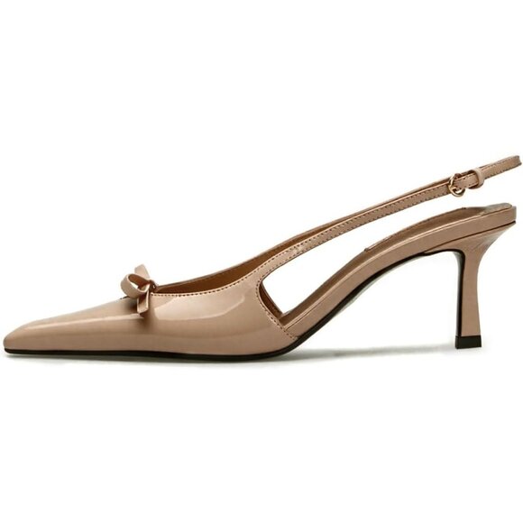 Caradise Women Nude Bow Pointed Toe Kitten Pumps Sexy Backless Stiletto Heel - Picture 1 of 7